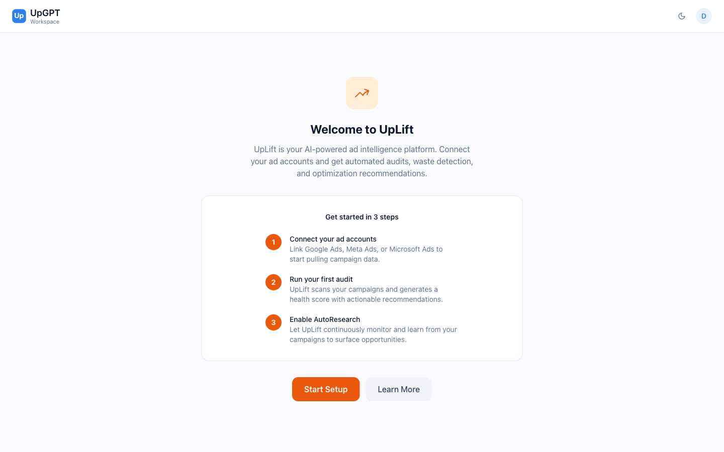 UpLift audit dashboard — waste detection, cannibalization analysis, and budget recommendations