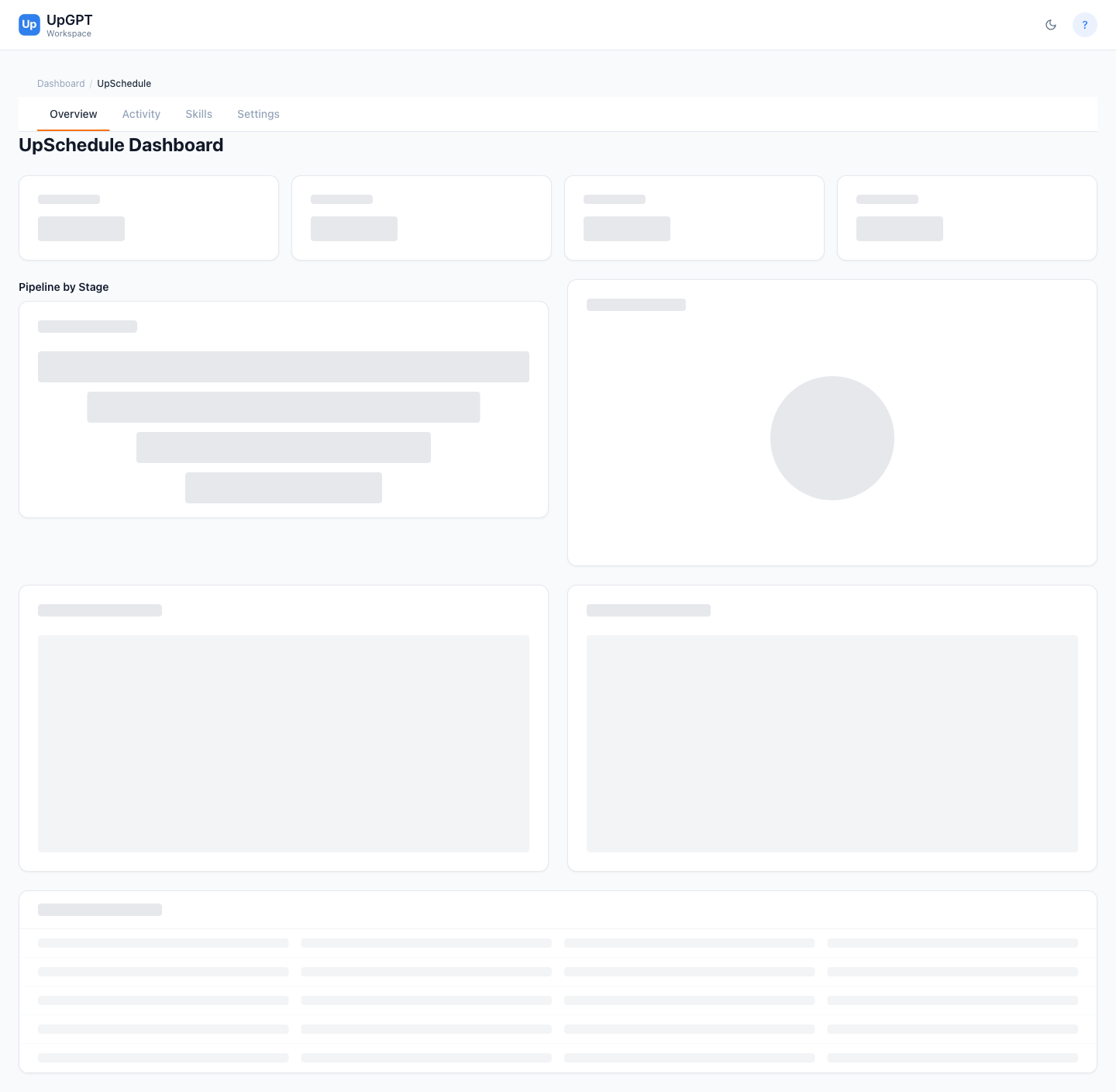 UpSchedule scheduling dashboard — booking links, upcoming meetings, and agent activity